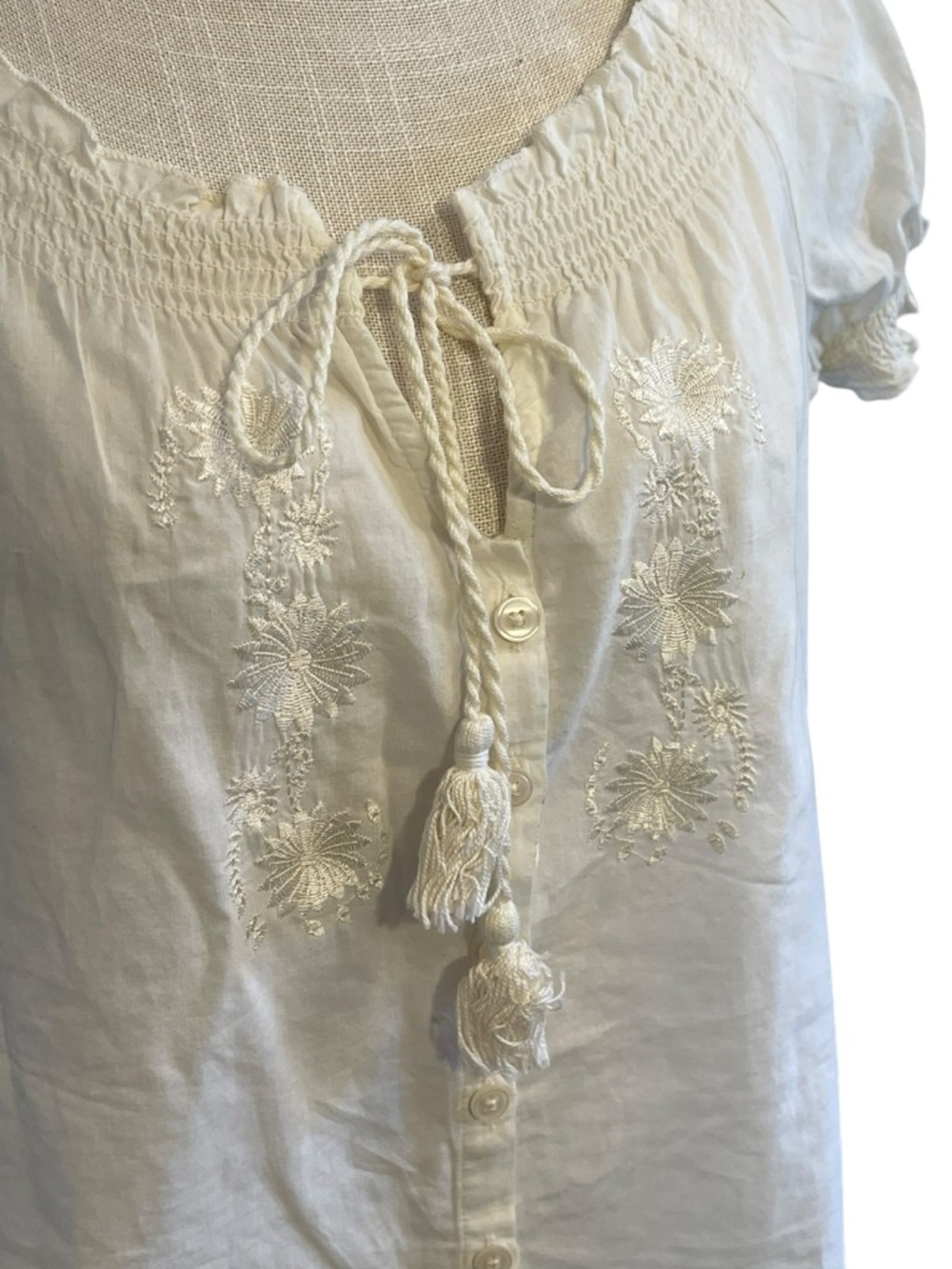 Caribbean Joe Cream Embroidered Tassel Peasant Top